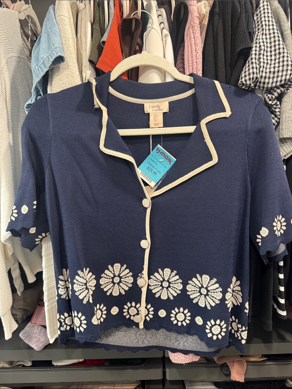 Camila Coelho Navy Knit Floral Button-Front Top with Cream Trim